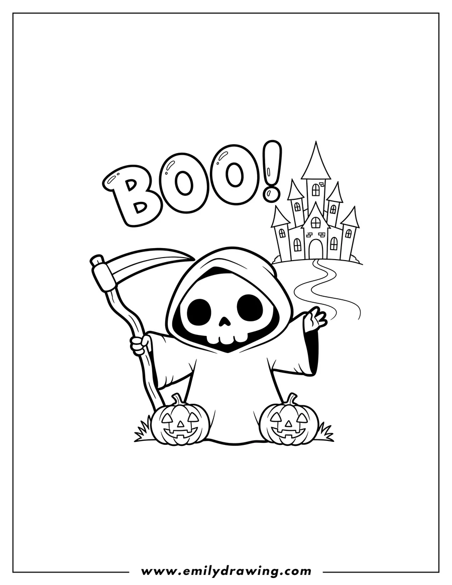 Doodle style coloring picture of adorable Grim Reaper holding a scythe, saying BOO! with jack-o'-lanterns, in front of a haunted castle