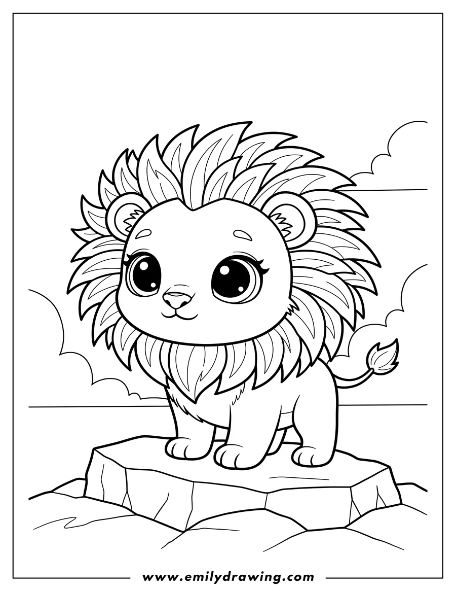 Coloring sheet featuring adorable Hatchimals Yellow Lion with a spiky mane and big cute eyes, standing on a rock