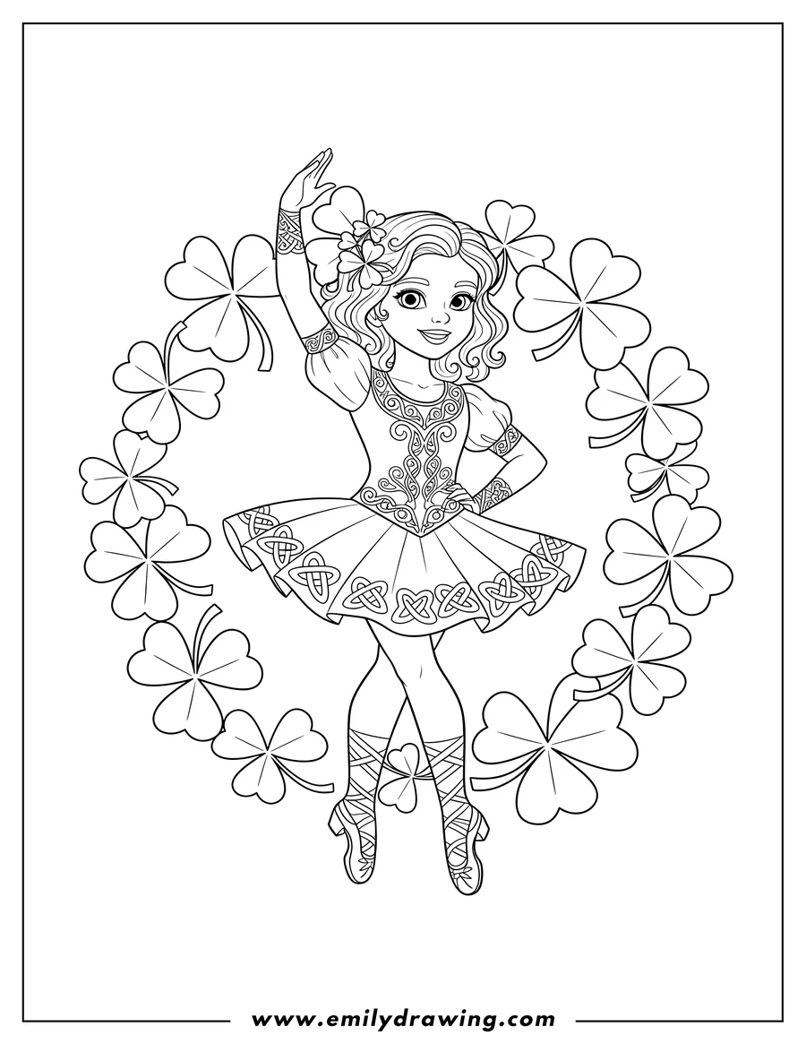 Clean line drawing: adorable Irish Dancer with clovers in her hair, wearing a Celtic dress and dance shoes with criss-cross laces, performing with a raised arm surrounded by lucky clovers
