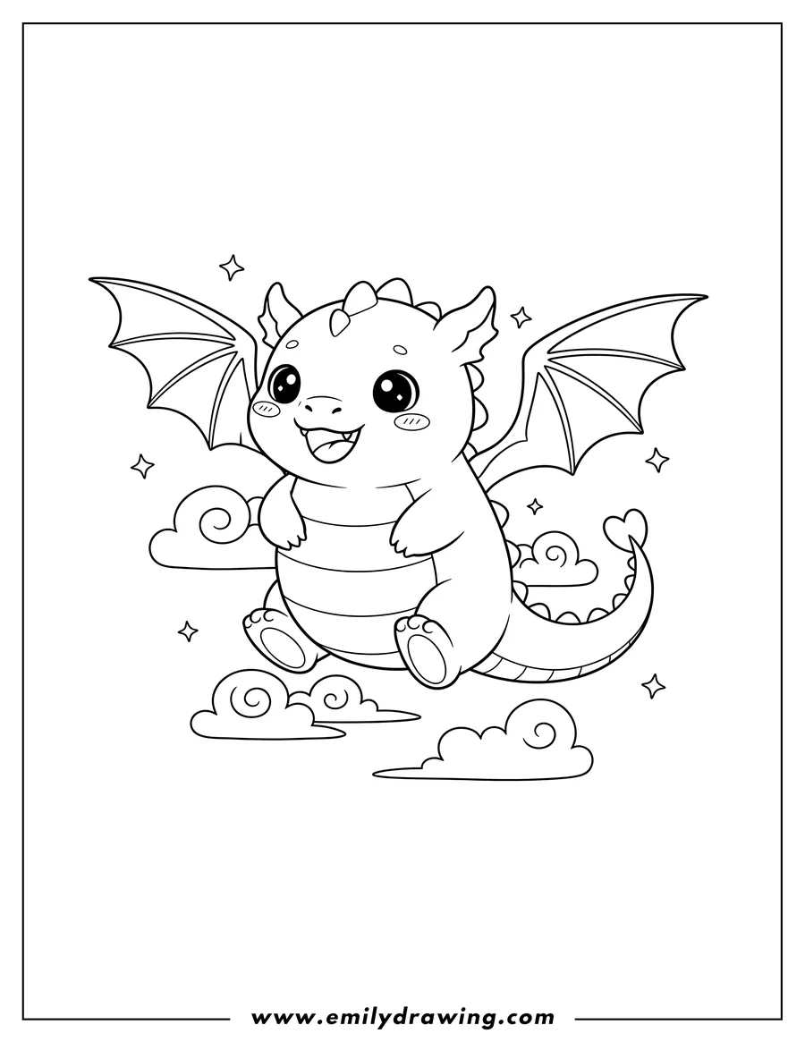 Black and white line art of an Adorable Kawaii Dragon with wings, floating and smiling