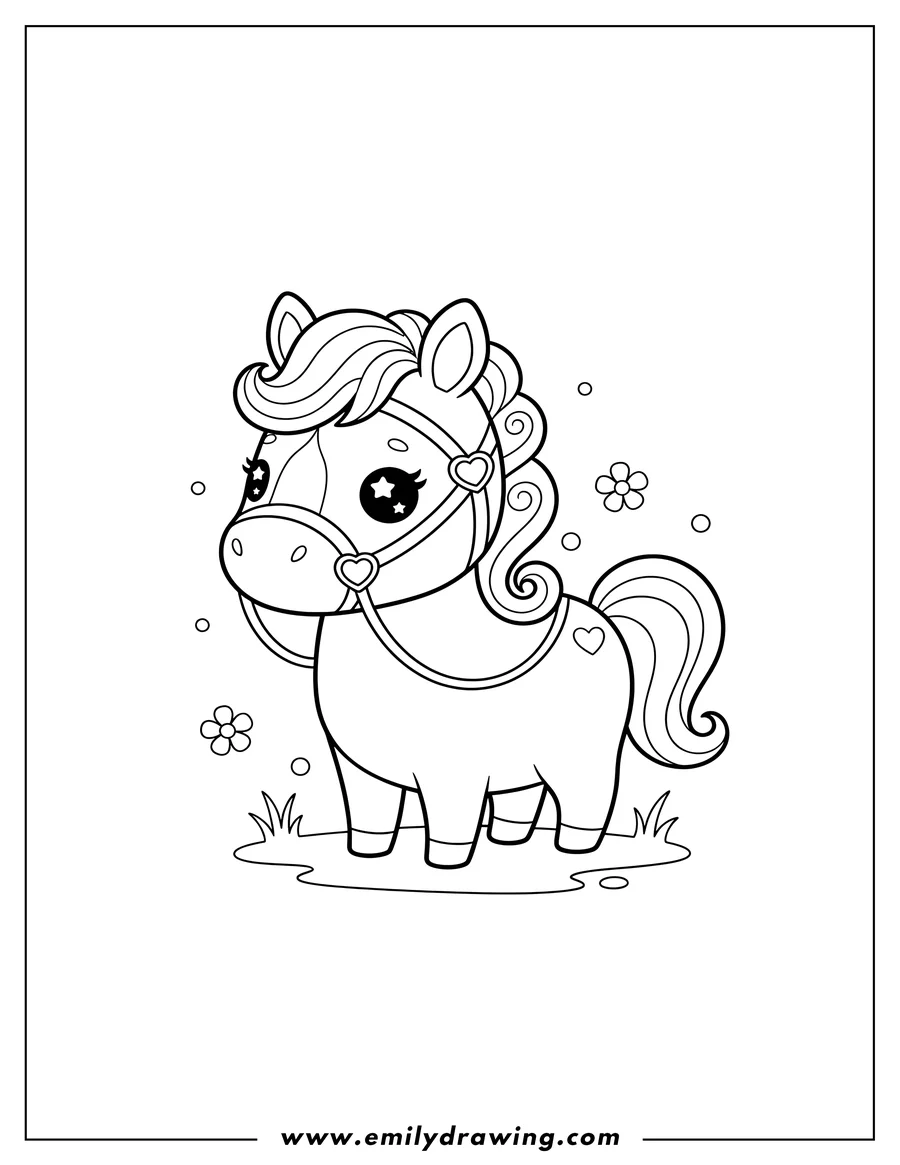 PDF style coloring page: adorable Kawaii Horse standing with a bridle, coloring page