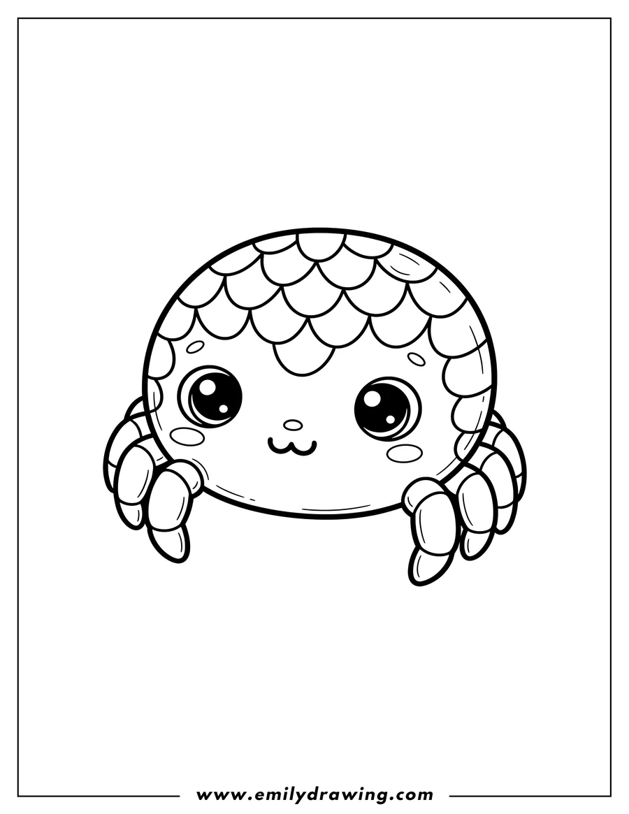 Black and white line art of adorable Kawaii Spider Scaled with a smiling face, big eyes, and eight small legs