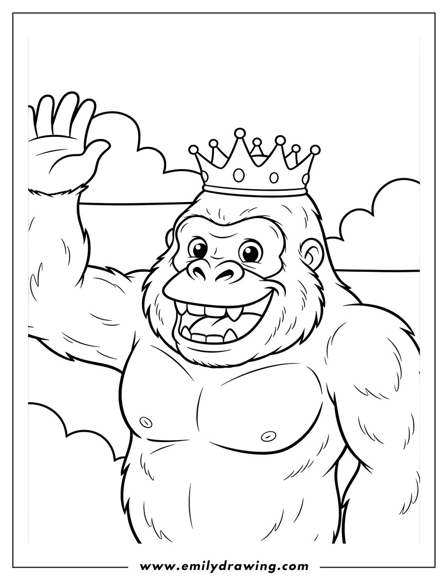 Printable coloring page of adorable King Kong smiling and raising one arm, with clouds and text, for preschoolers
