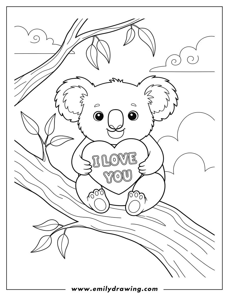 Full page coloring image of adorable koala sitting on a tree branch, hugging a heart with 'I Love You' text