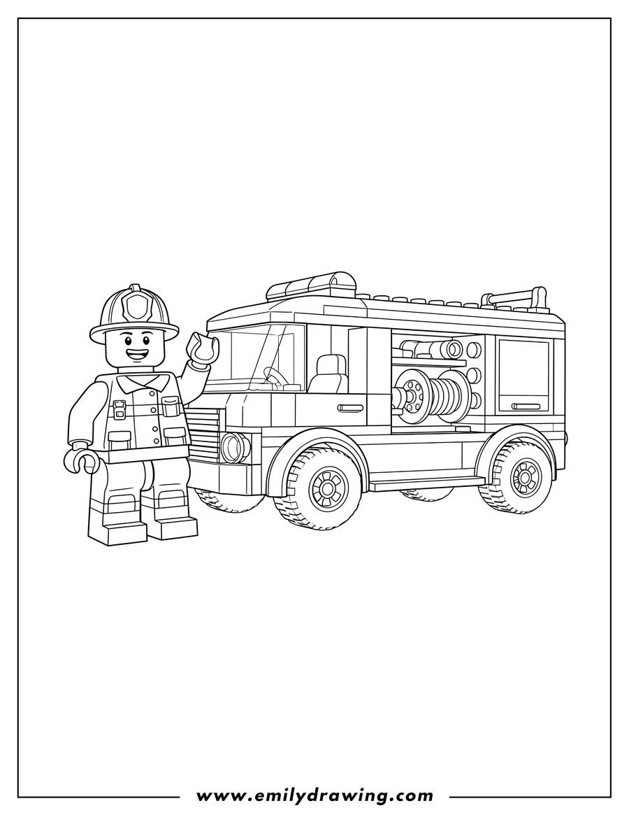 Full page coloring image of adorable Legon Firefighter waving next to a fire truck with an open compartment and hose reel