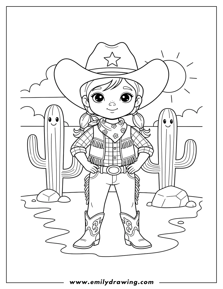 Printable line art of adorable Little Cowgirl Desert, wearing a cowboy hat and boots, with hands on hips