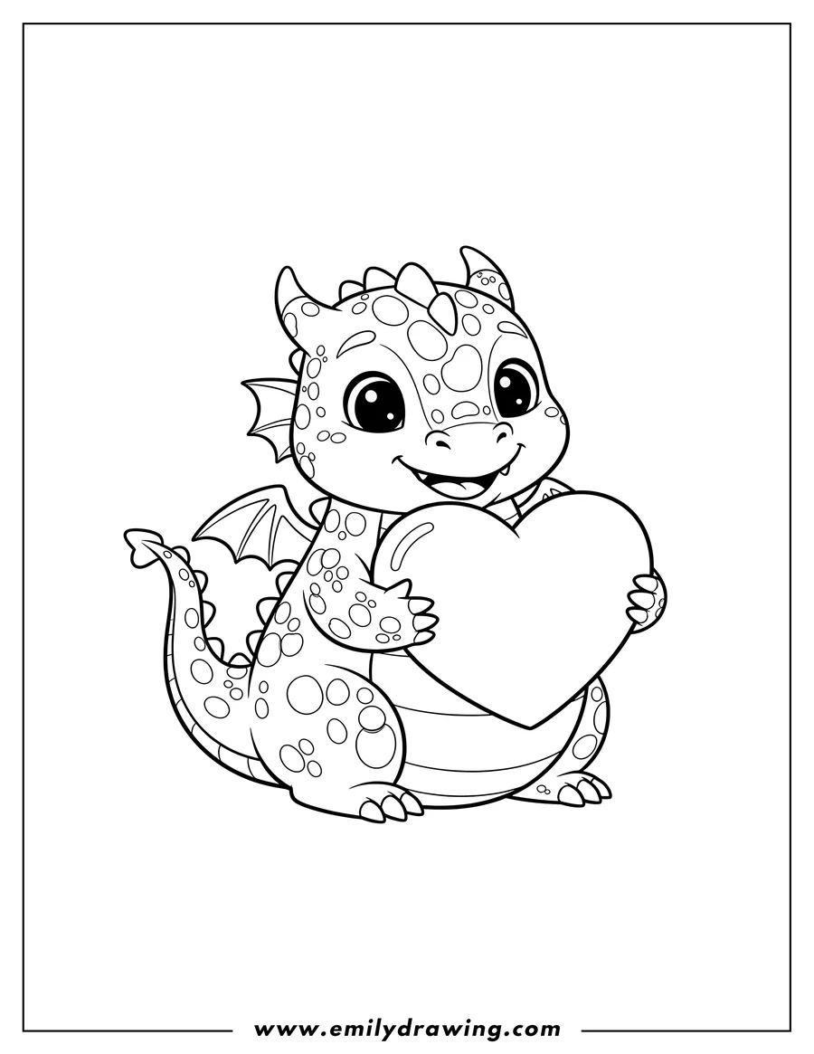 Outline drawing of adorable little dragon smiling and hugging a love heart