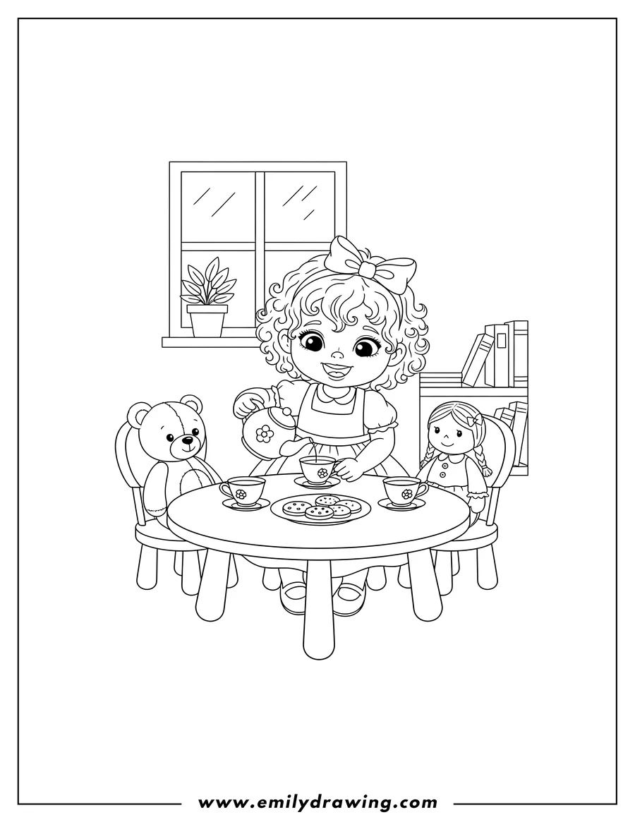 Downloadable coloring page of adorable Little Girl Playing Tea Party, pouring tea at a table with teacups