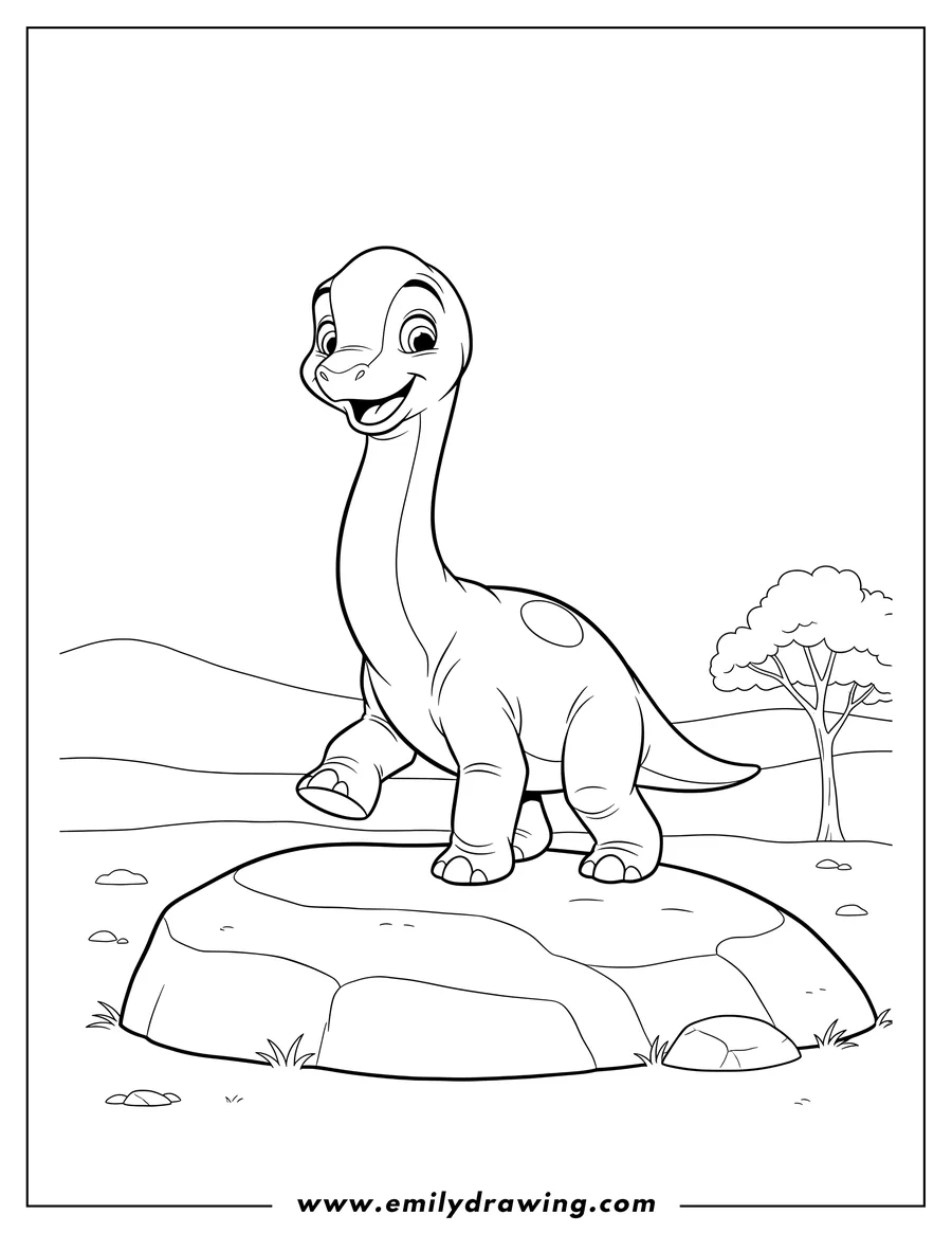Clean line drawing: adorable Littlefoot walking and smiling on a rock