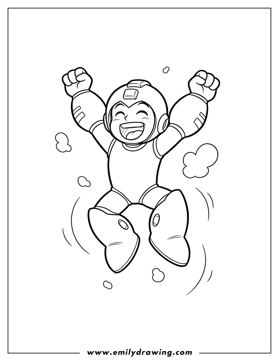 Coloring sheet featuring adorable Mega Man laughing and jumping with arms raised high