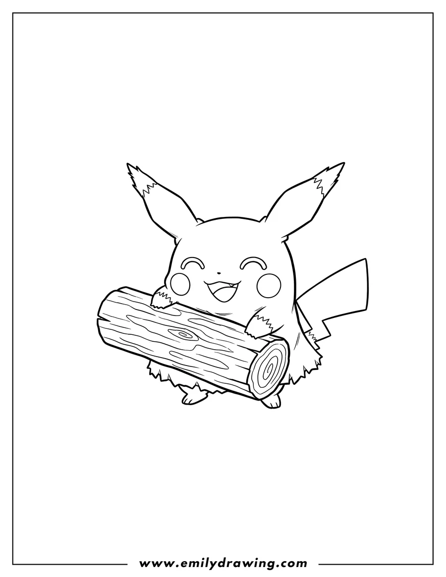 PDF style coloring page: adorable Mimikyu holding a log with a happy expression