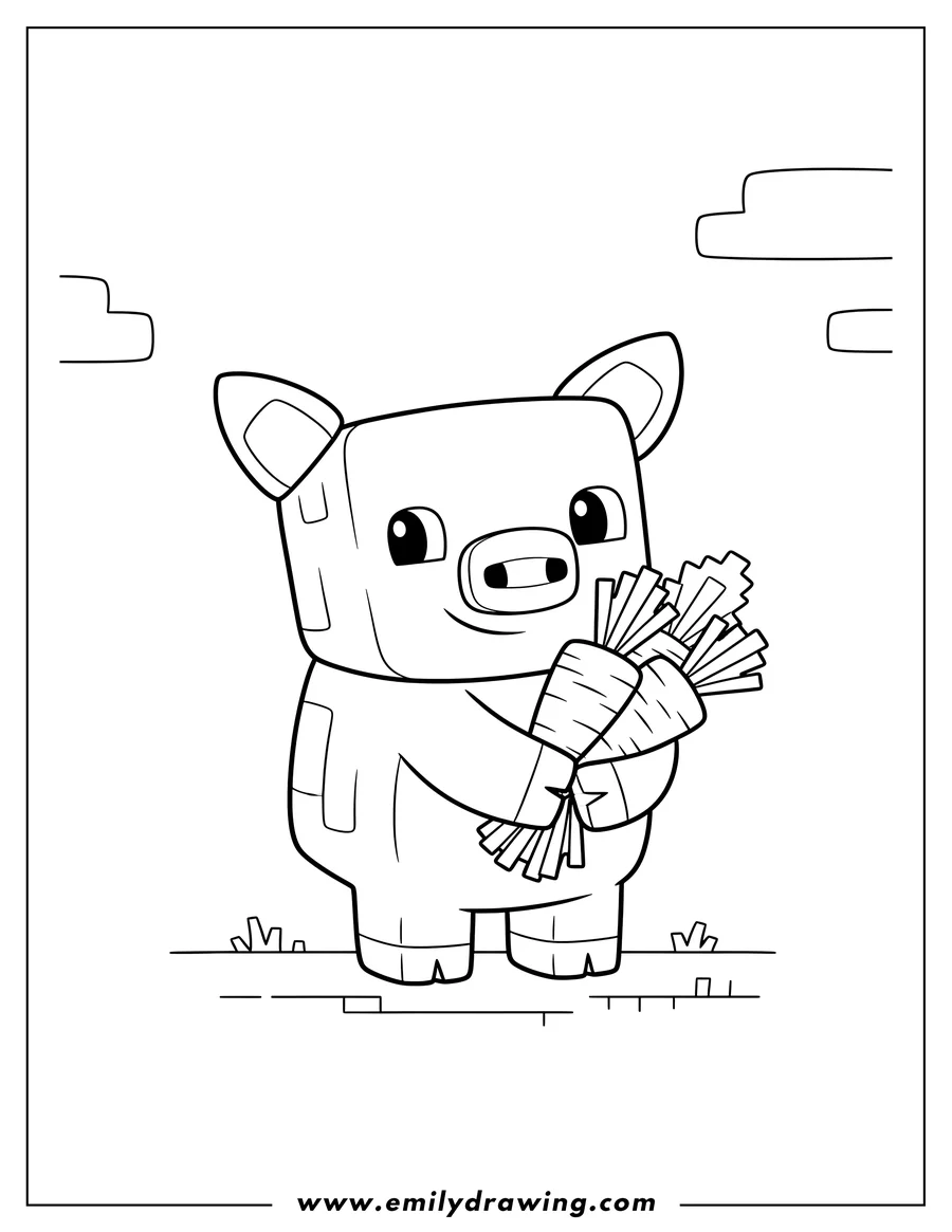 Outline drawing of adorable Minecraft Pig standing with pixelated carrots