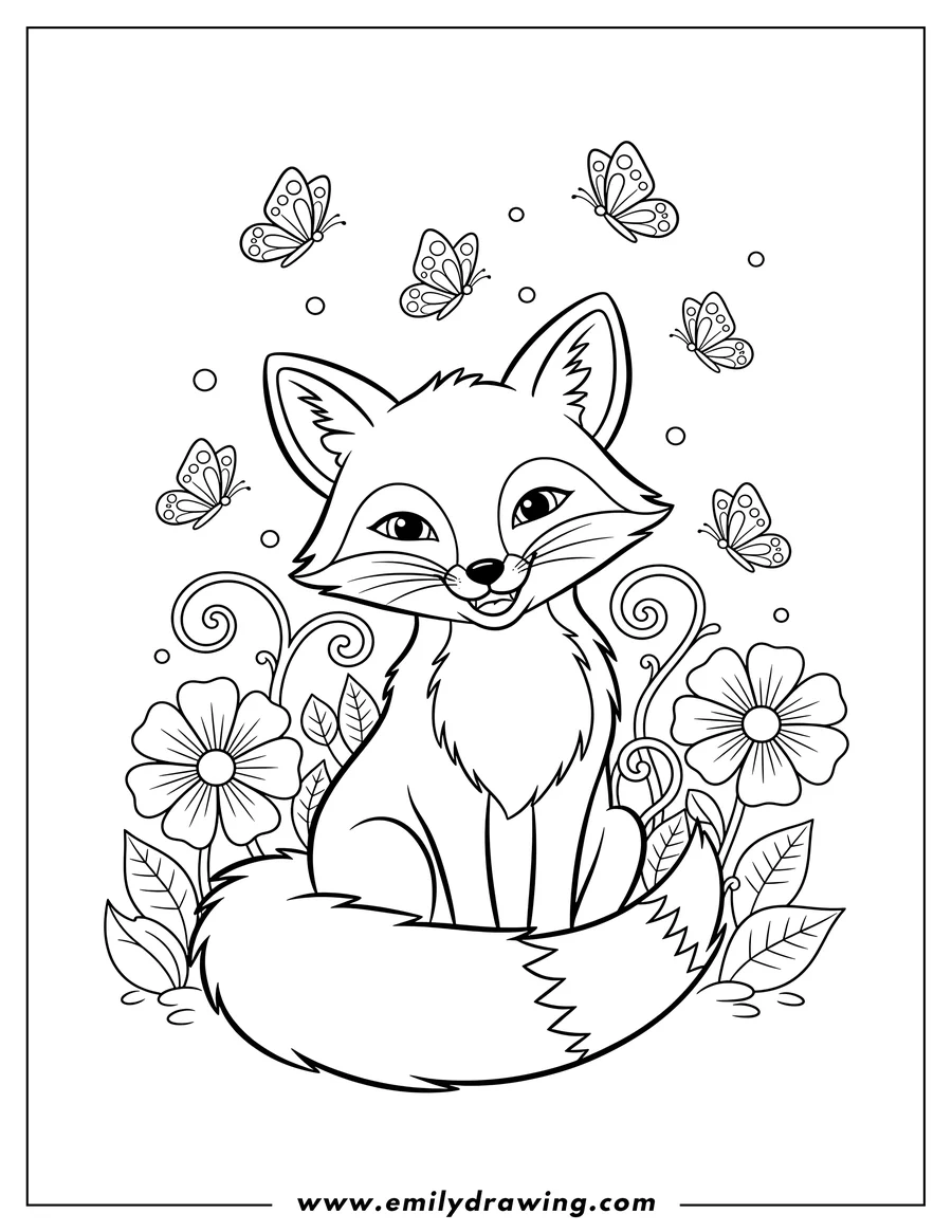 Coloring page of adorable mischievous fox sitting and grinning widely, with butterflies in a garden