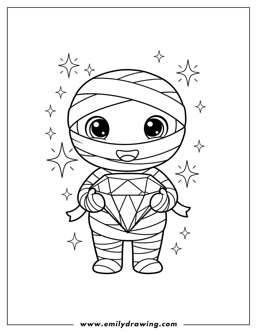 PDF style coloring page: adorable Mummy with big eyes holding a diamond and surrounded by sparkling stars for preschoolers