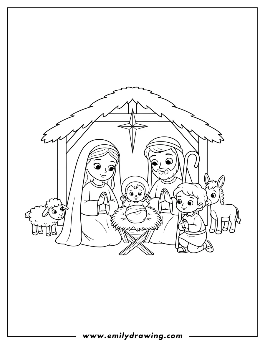 Printable line art of adorable Nativity with Mary, Joseph, and a child looking at Baby Jesus in his manger