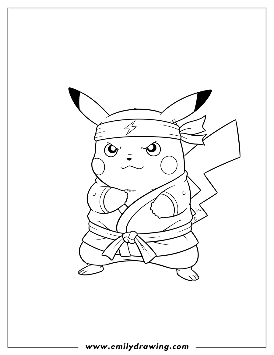 Downloadable coloring page of adorable Ninja Pikachu wearing a gi and a headband, with a determined expression