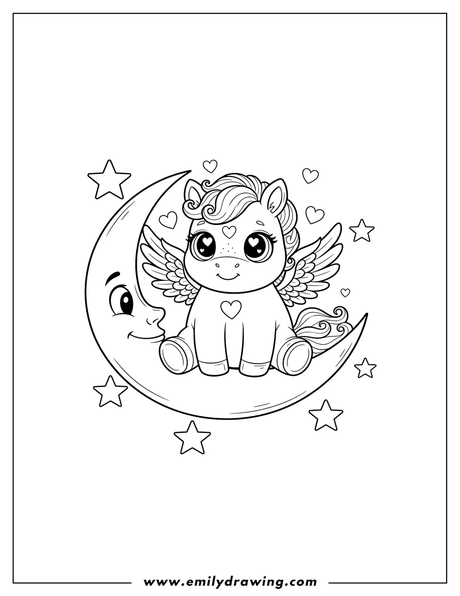 PDF style coloring page: adorable pegasus with big eyes and hearts, sitting on a crescent moon and stars