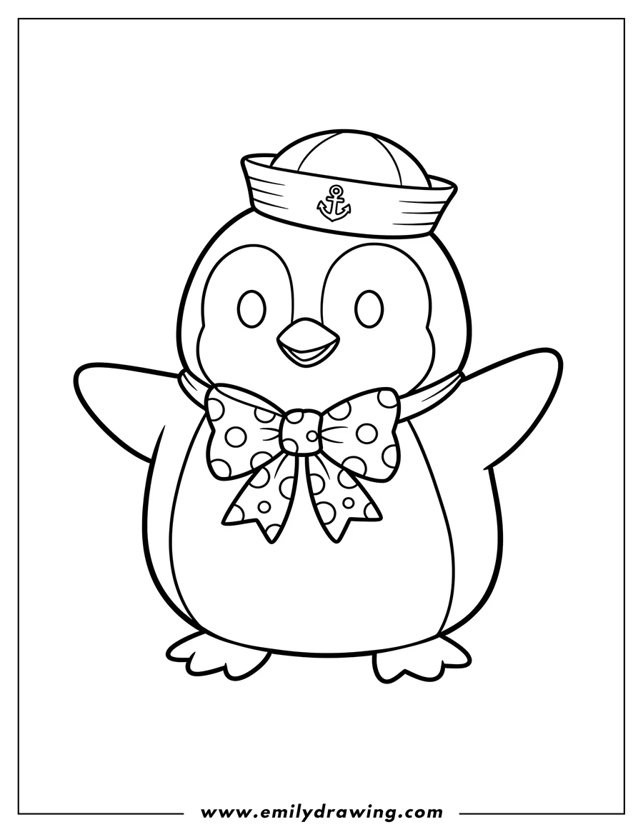 Simple sketch of adorable penguin outline wearing a sailor hat and bow tie to color