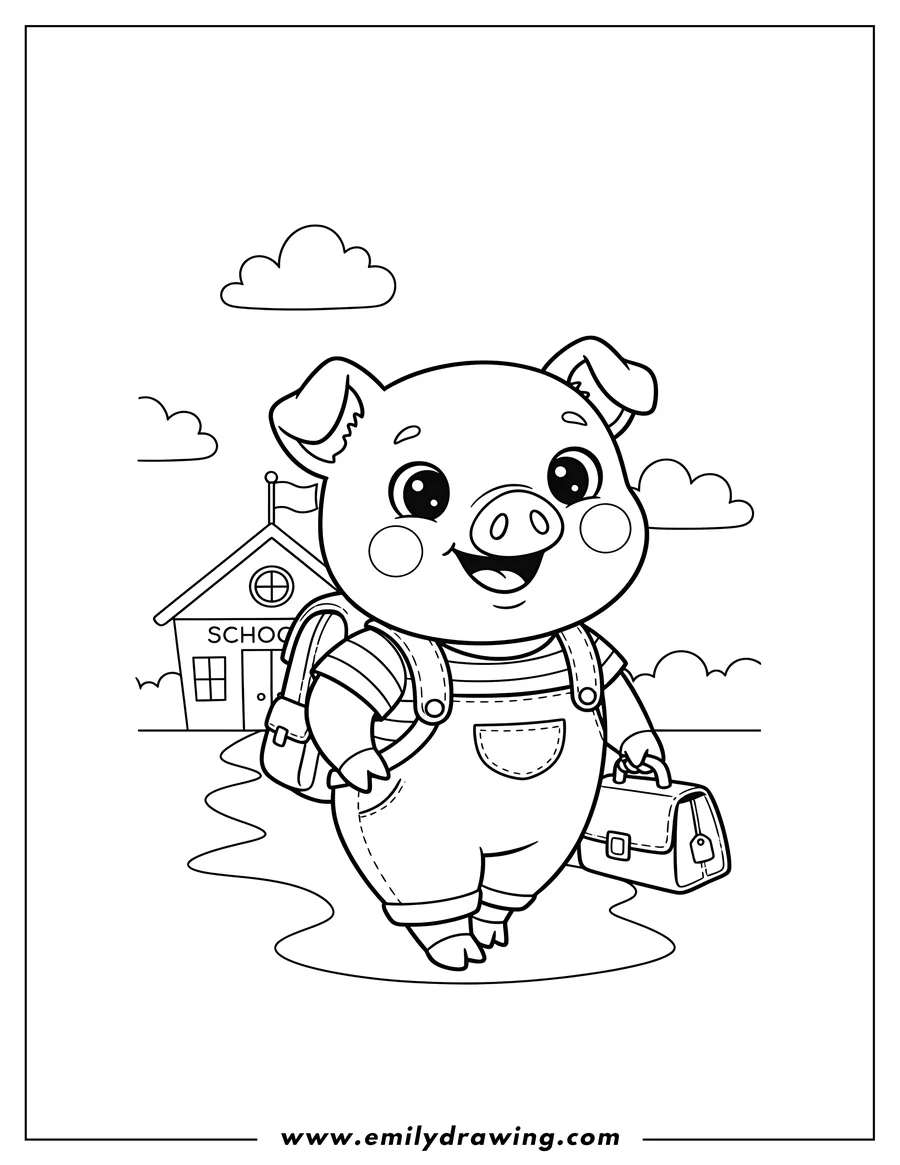 Free printable coloring sheet of adorable pig with big eyes, rosy cheeks, and a wide smile, wearing a backpack and walking to school