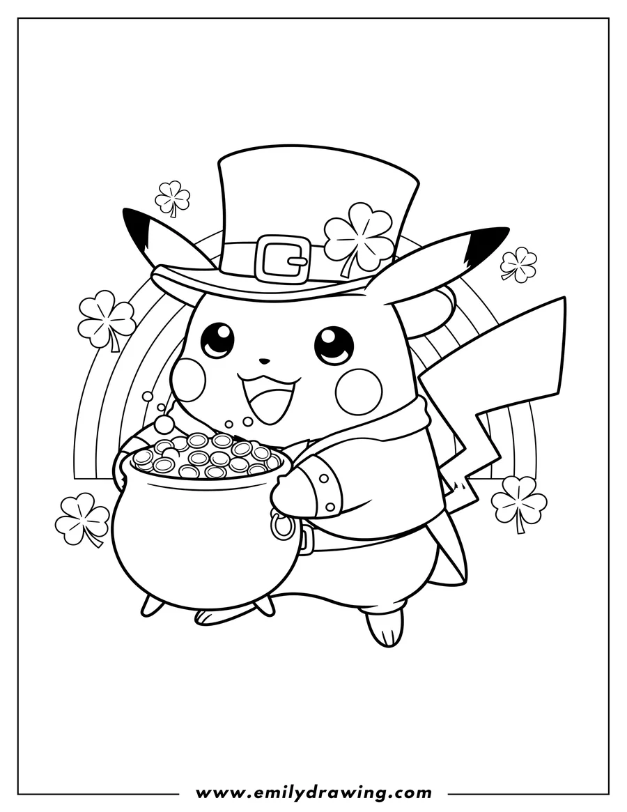 Free printable coloring sheet of adorable Pikachu Dressed As Leprechaun, smiling and holding a pot of gold