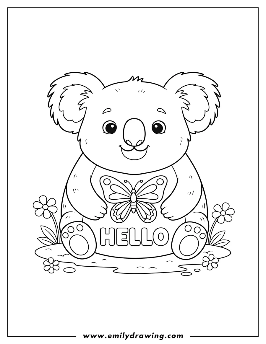 Simple sketch of adorable plush Koala Bear sitting with 'Hello' and a butterfly on its chest, coloring page for toddlers to color