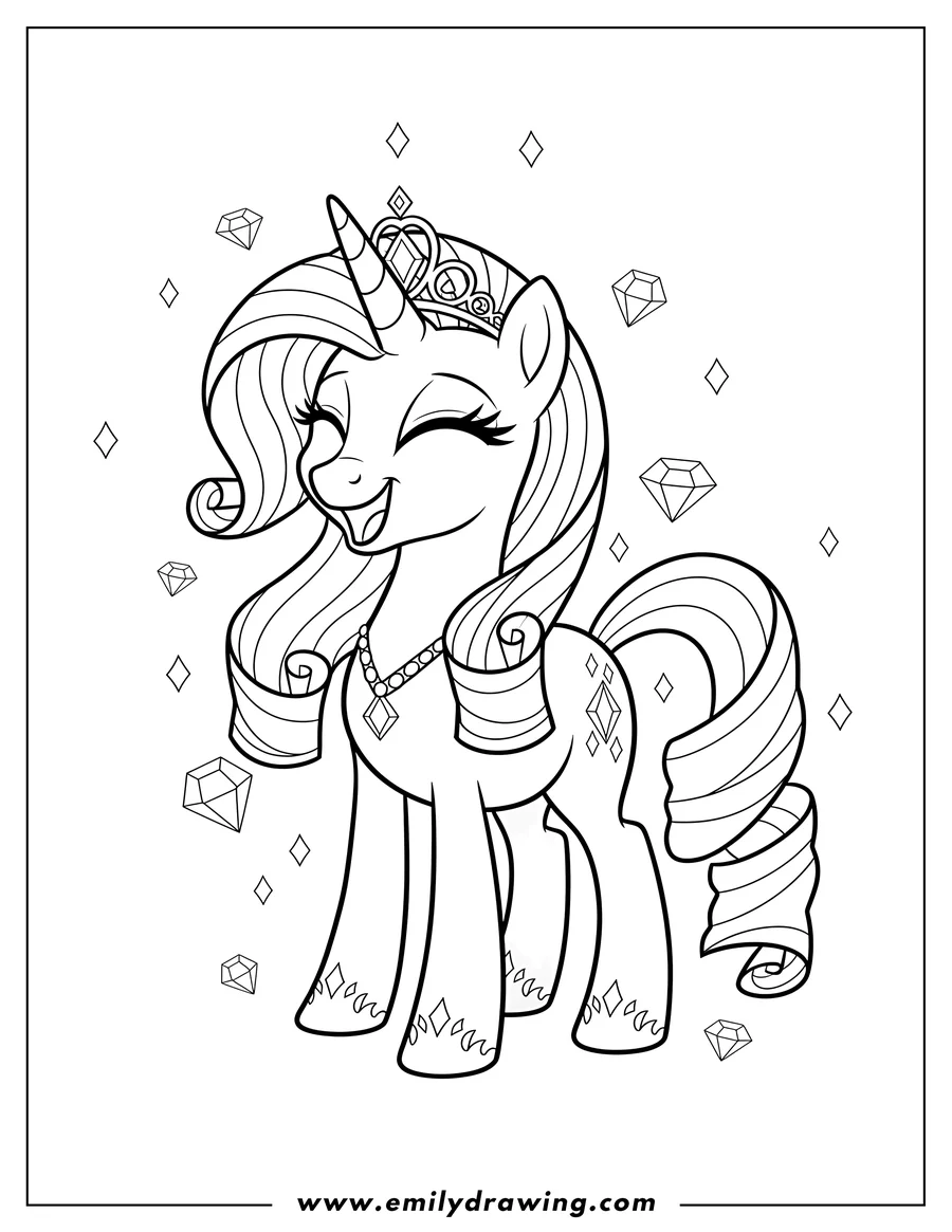 Full page coloring image of adorable Rarity the unicorn smiling with diamonds