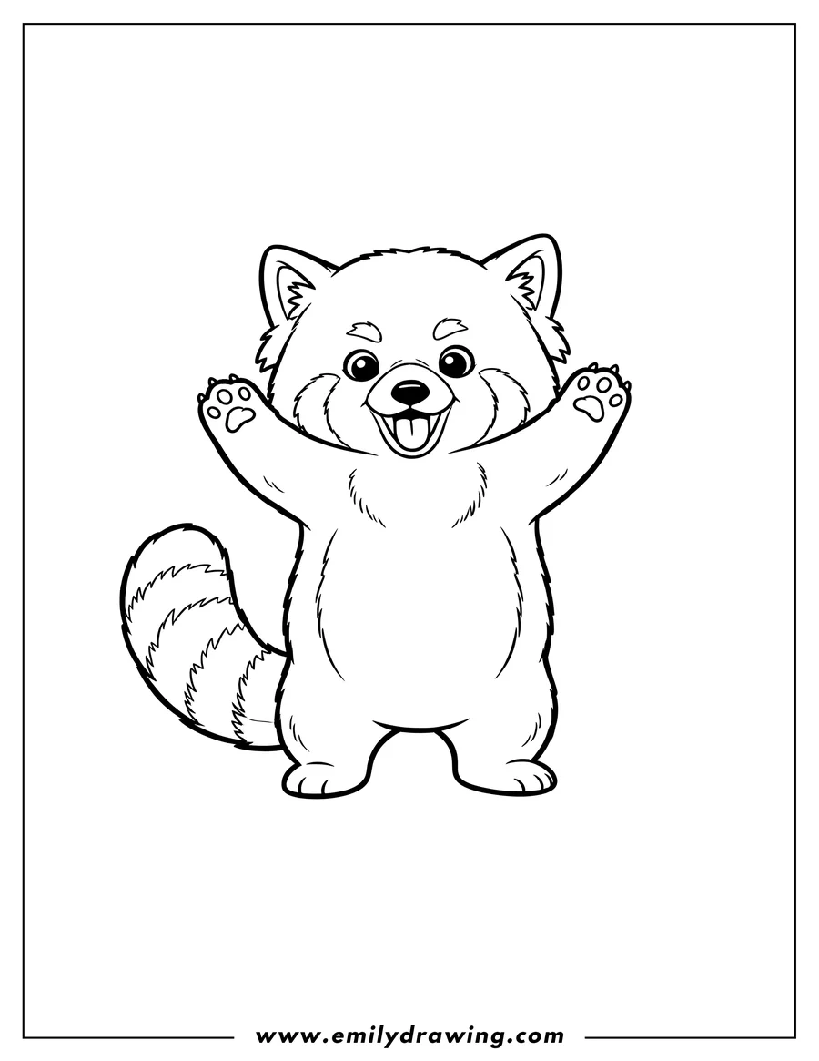 Full page coloring image of adorable Red Panda Standing on Hind Legs with Hands Raised and Tongue Sticking Out