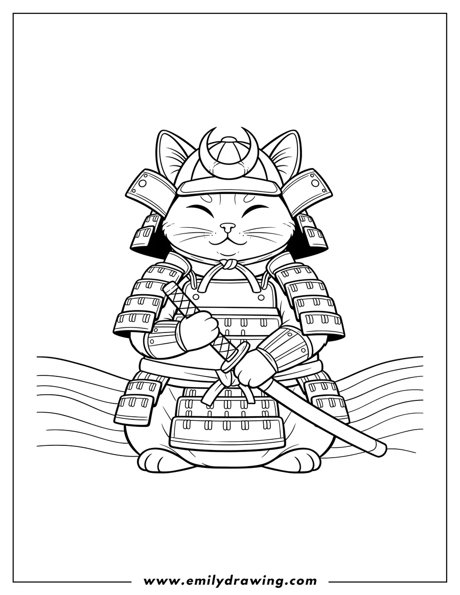 Coloring sheet featuring adorable Samurai Cat wearing samurai armor, holding a katana, with closed eyes