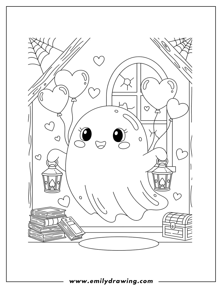 Downloadable coloring page of adorable, smiling ghost in a haunted attic with lanterns and floating hearts