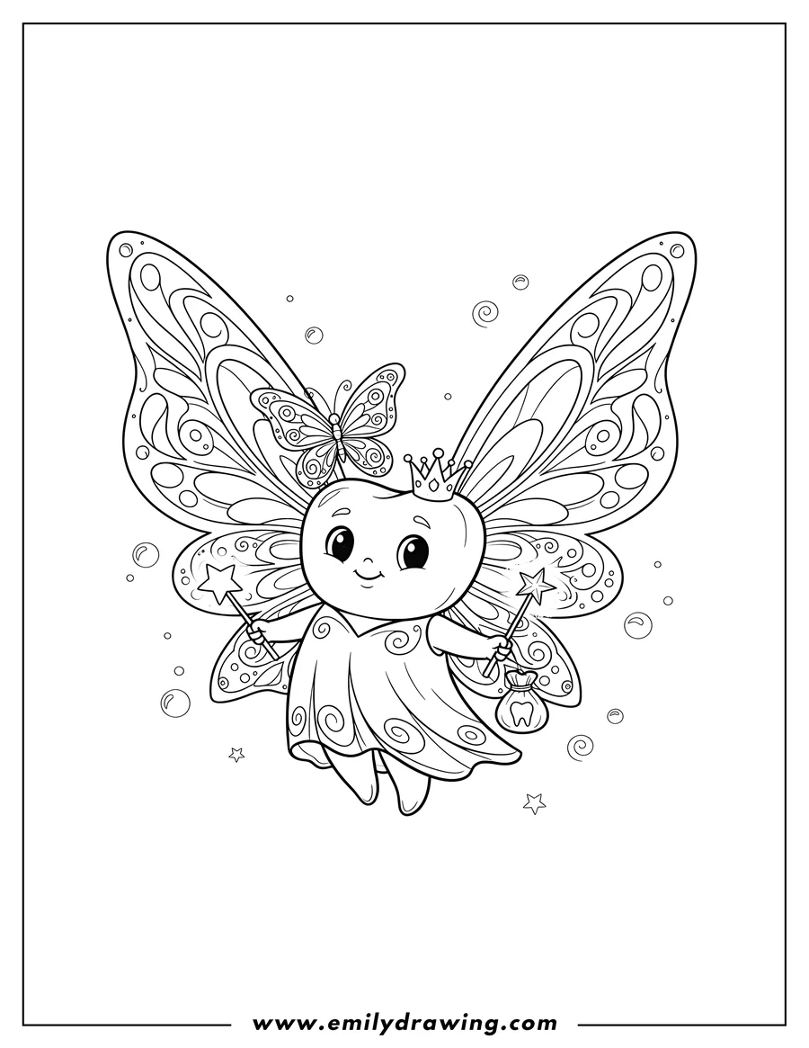 Printable line art of adorable smiling tooth fairy character with a butterfly on its head and large fairy wings