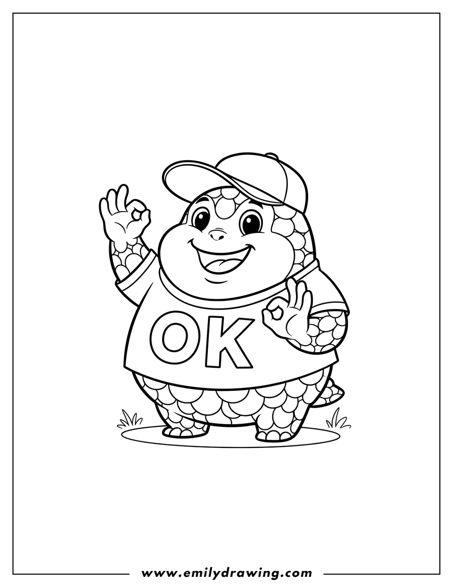 Outline drawing of adorable Squishy Scaled, smiling and waving, wearing a baseball cap and an 'OK' shirt