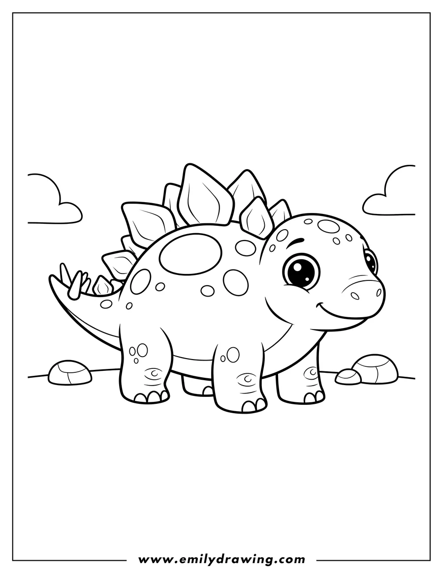 Vector style outline of adorable Stegosaurus with large eyes, featuring back plates and body spots, for preschoolers