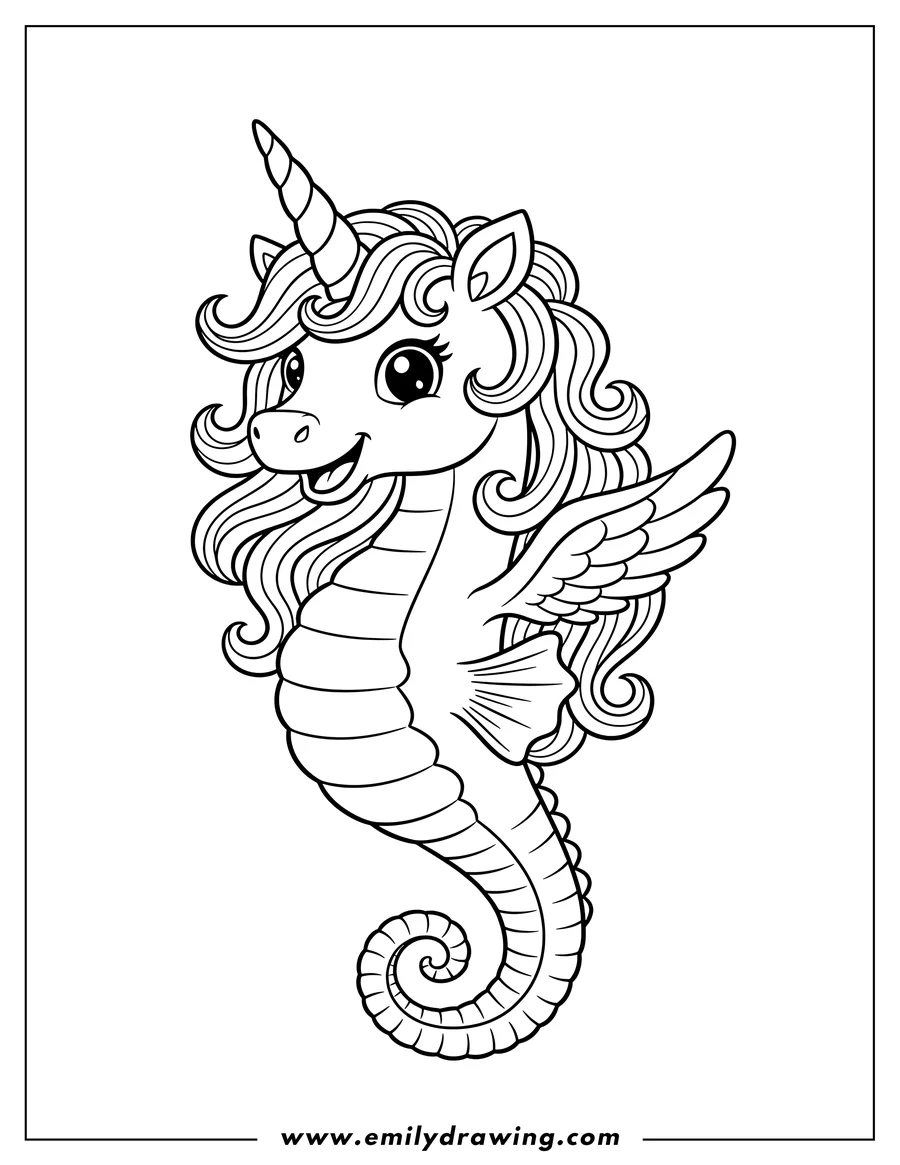 Downloadable coloring page of adorable Unicorn Seahorse To Color, smiling with a flowing mane and small wings