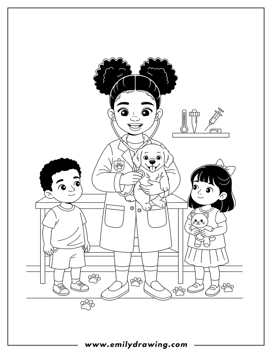 Coloring page for kids: adorable Black Girl Veterinarian holding a puppy and using a stethoscope, Preschoolers