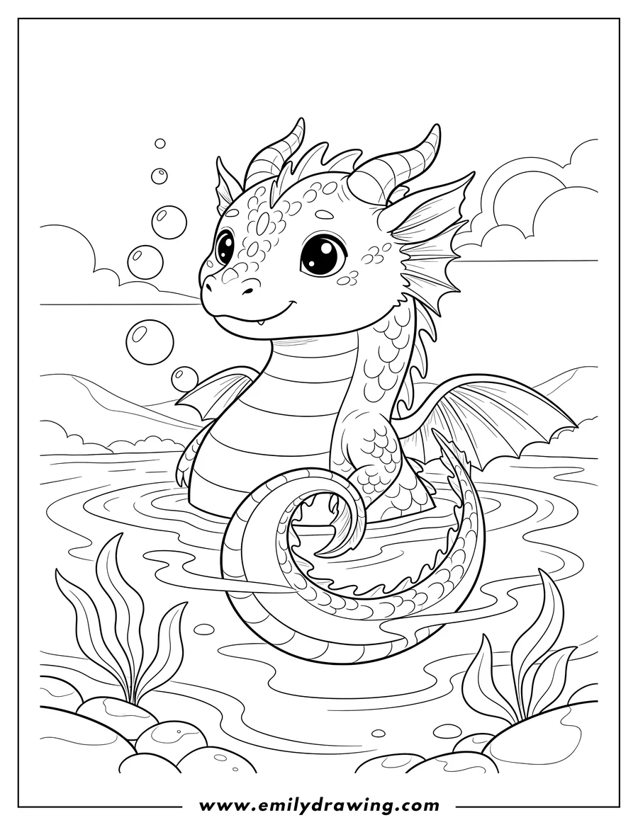 Printable coloring page of adorable Water Dragon in water to color