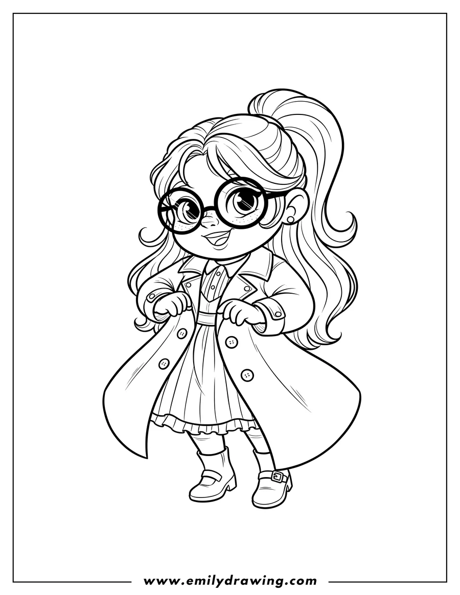 Coloring page of adorable Wicked Pfannee, smiling and wearing glasses, adjusting her long jacket