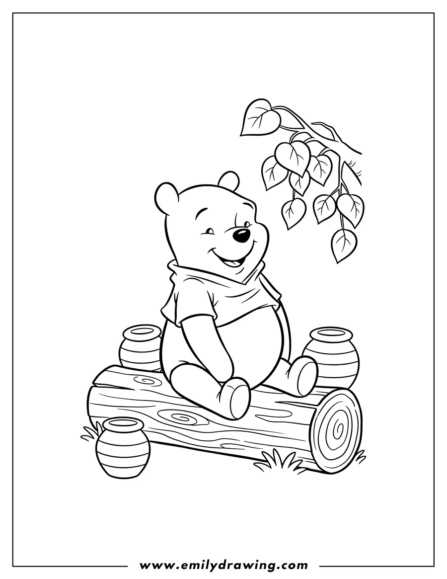 PDF style coloring page: adorable Winnie Pooh smiling and wearing his red shirt, sitting on a log