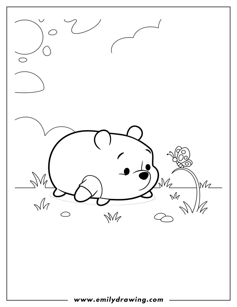 Outline drawing of adorable Winnie Pooh Tsum Tsum lying on its belly on grass, looking at a butterfly