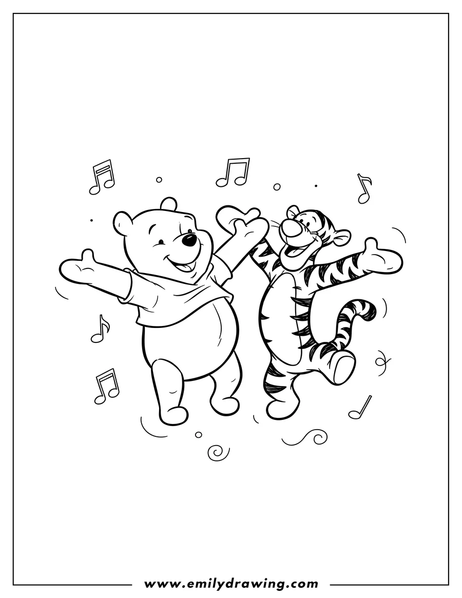 High quality printable adorable Winnie the Pooh and Tigger smiling and dancing happily for coloring