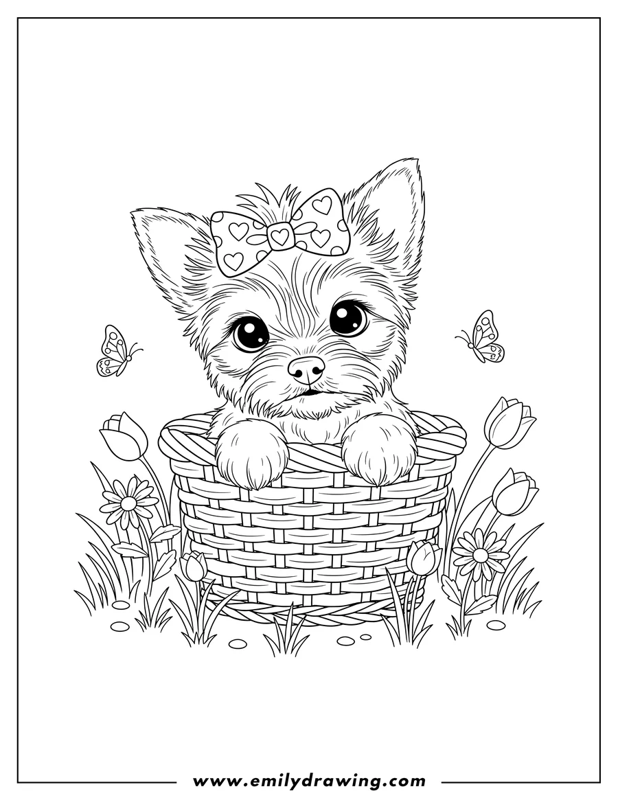 Clean line drawing: adorable Yorkie puppy with a bow, peeking out of a basket with big eyes on a spring meadow