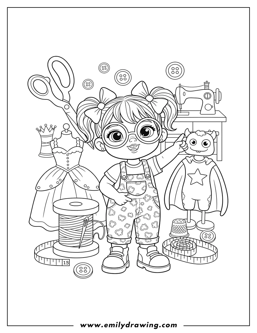 Downloadable coloring page of adorable Young Stylist wearing glasses and pigtails, pointing, surrounded by sewing tools and outfits