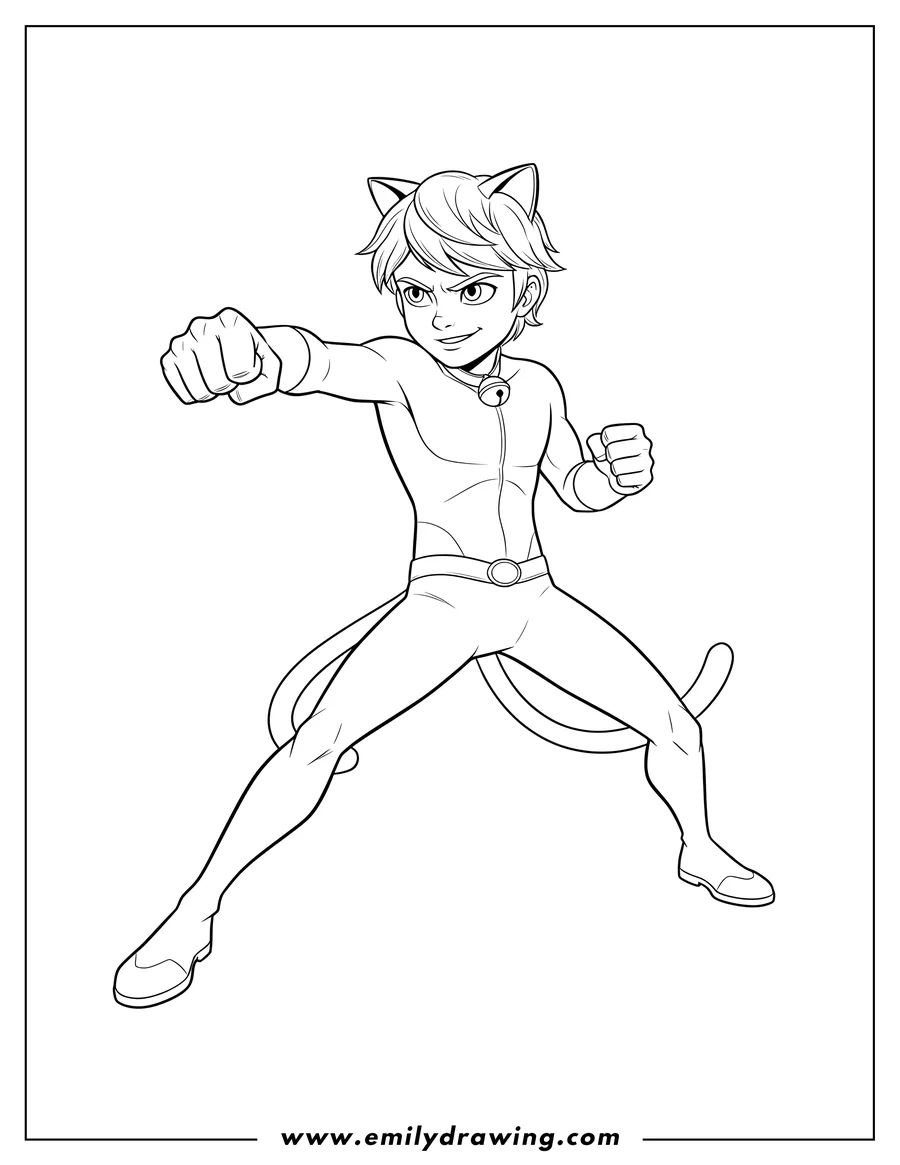 Downloadable coloring page of adrien Agreste punching air with his right fist forward, in a dynamic stance