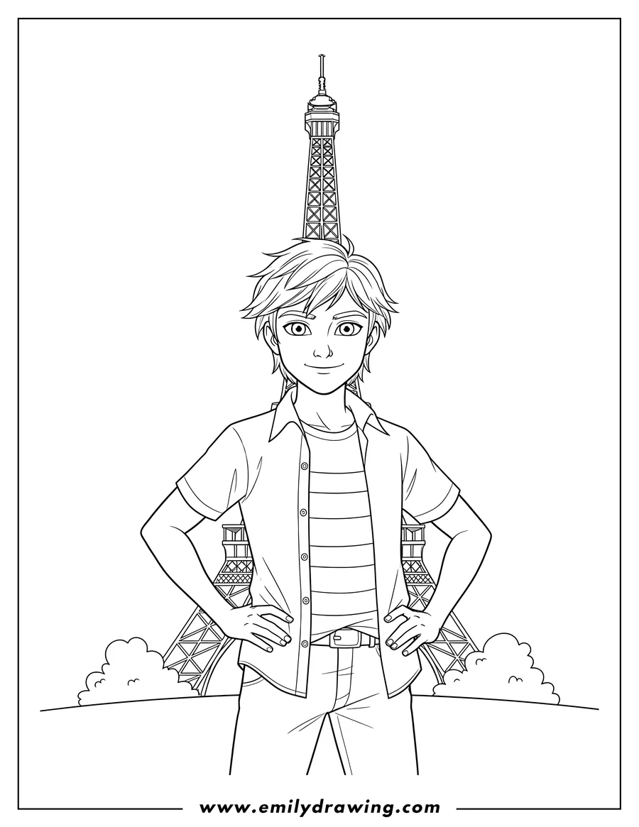 Full page coloring image of adrien Agreste standing with hands on hips, wearing an open shirt over a striped tee, in front of the Eiffel Tower
