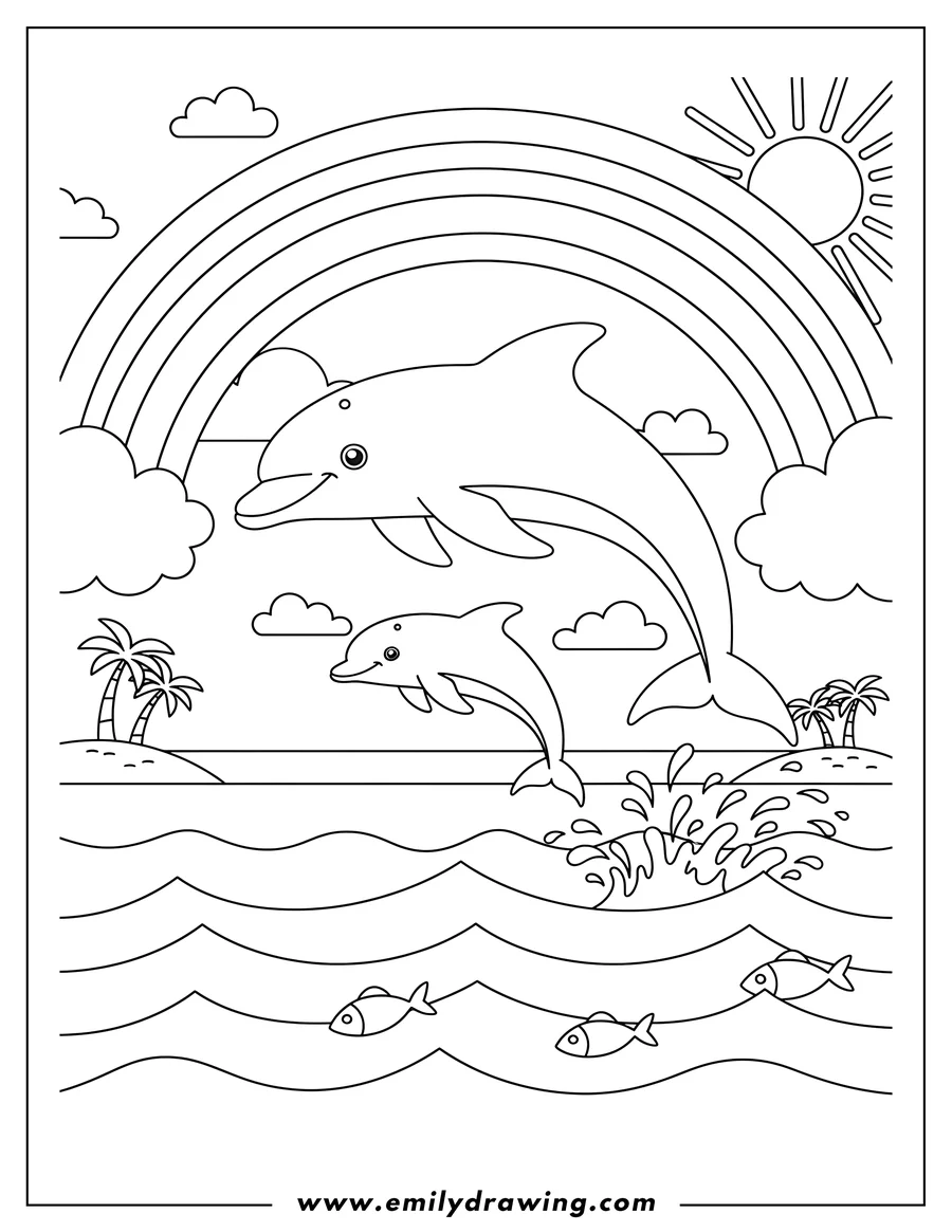 Full page coloring image of two dolphins, an adult and a baby, jumping under a rainbow