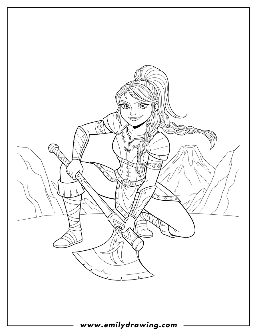 PDF style coloring page: adult Astrid crouching and smirking, holding a double-bladed axe