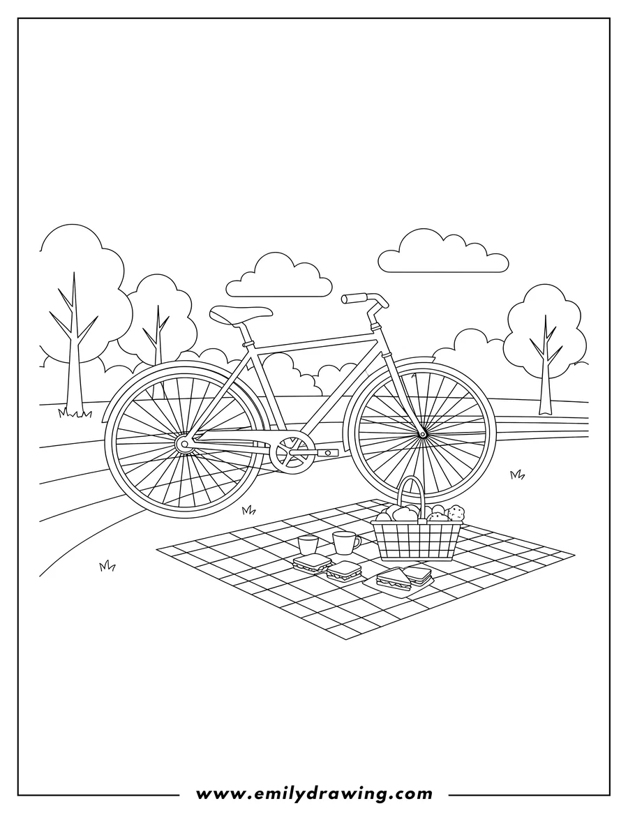 Downloadable coloring page of adult Bicycle Parked Beside Picnic Mat in a Park