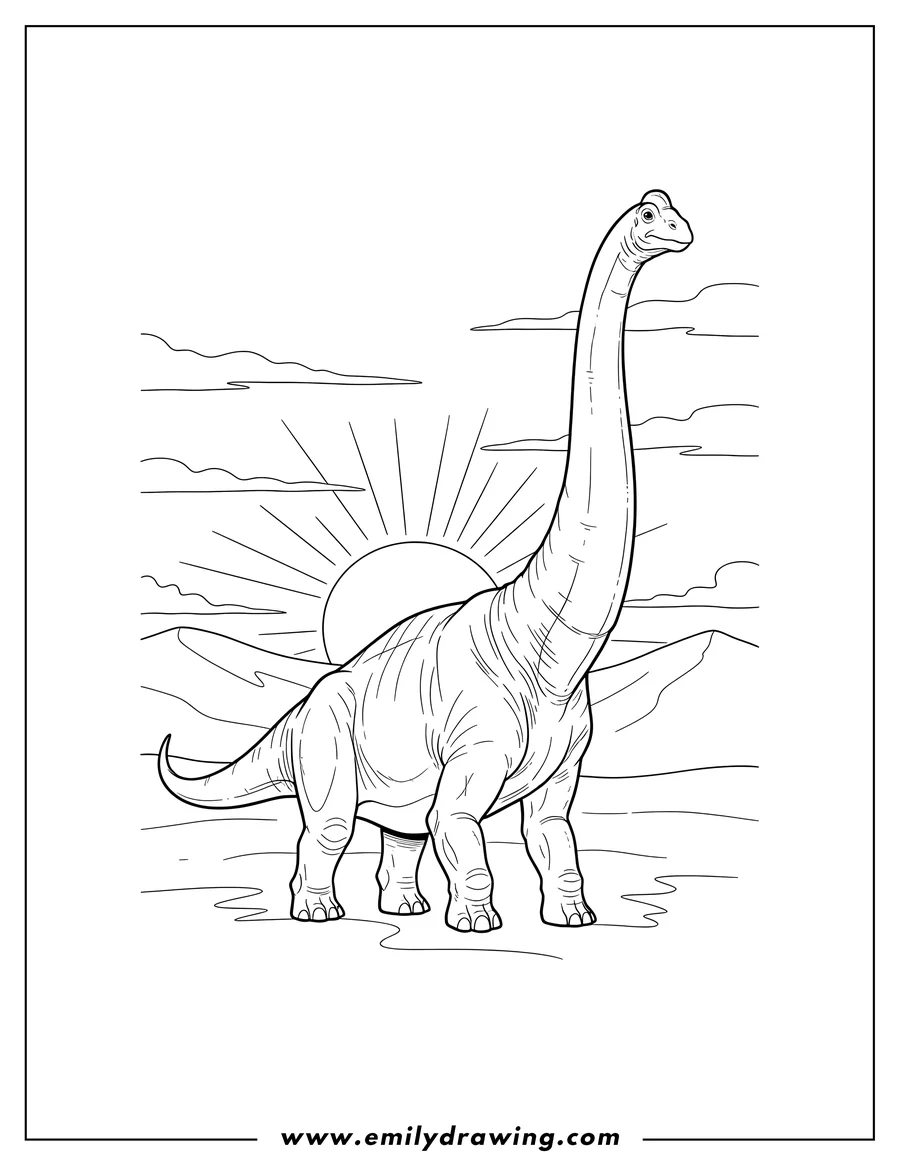 Clean line drawing: adult Brachiosaurus standing at sunset, looking right