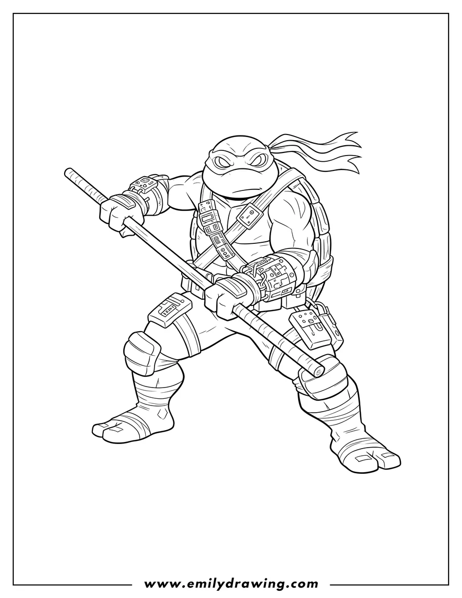 Printable coloring page of adult Donatello wearing goggles and tech gear, holding Bo Staff in a fighting stance