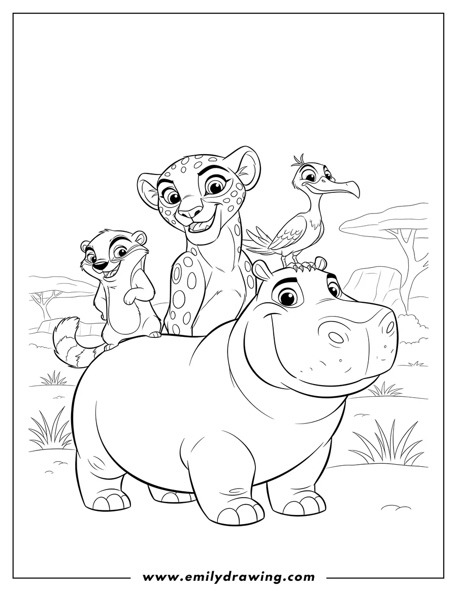 Full page coloring image of adult Fuli, Ono perched on Beshte's back, and Bunga, all smiling from the Lion Guard