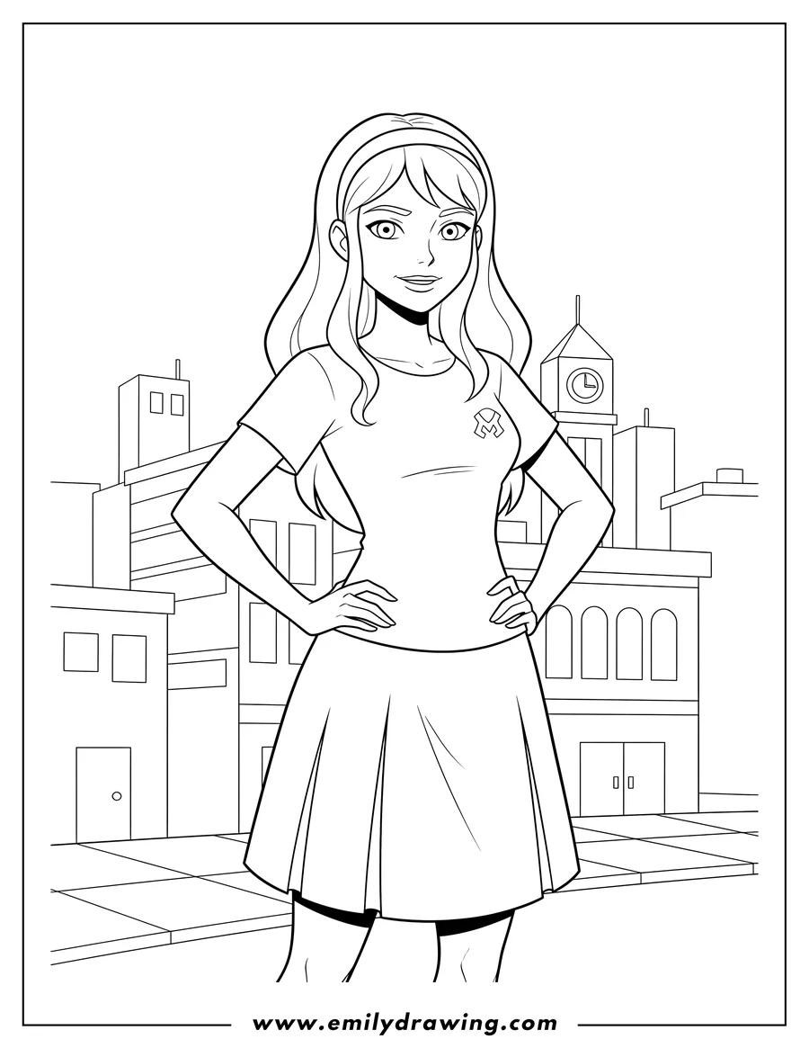 Vector style outline of adult Gwen Tennyson wearing a shirt and skirt, standing in a city